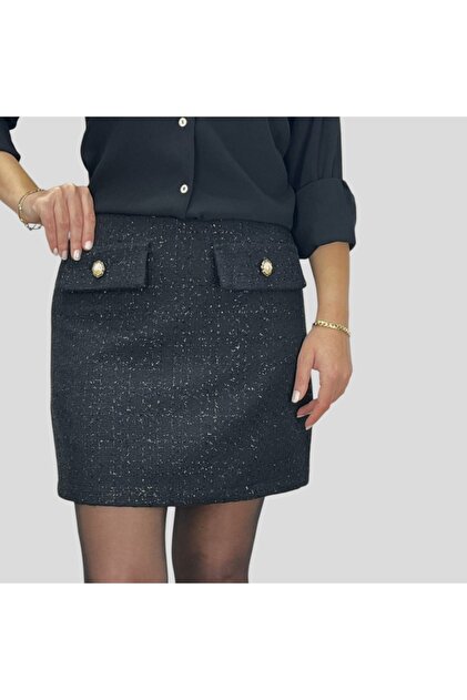 Simli Siyah Tüvit Kumaş Mini Boy Önden Süs Kapak Cepli Düğmeli Astarlı Hafif Çan Etek