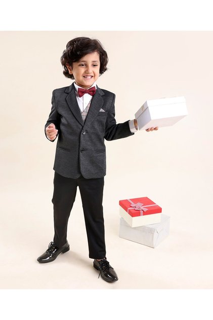 Full Sleeves Solid & Checked Party Suit With Bow Detailing - Anthra Black