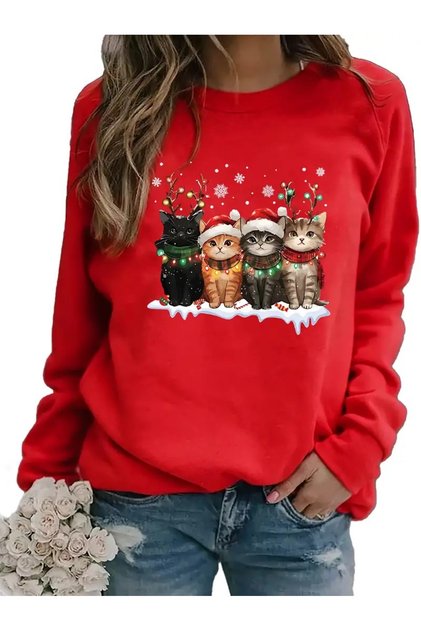 Women's New Year's Cat Printed Black Crew Neck Oversize Sweatshirt