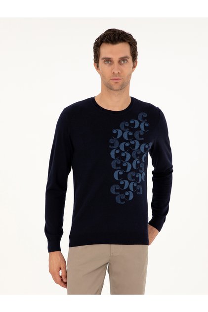 Navy Blue Slim Fit Crew-Neck Wool Knit Sweater 50291586-VR033