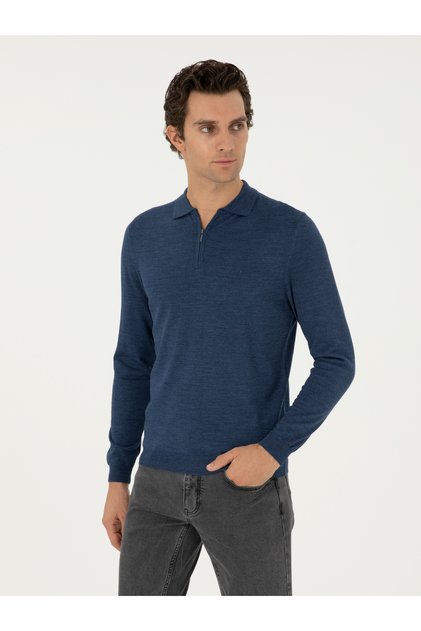 Indigo Regular Fit Wool Blend Zippered Polo Neck Basic Knitwear Sweater 50296495-Vr028