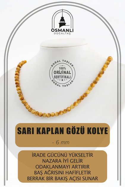 Sarı Kaplan Gözü 6 Mm Dizi Doğal Taş Kolye