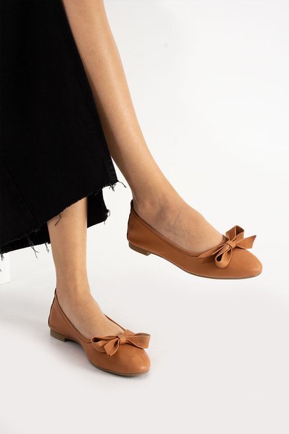 Genuine Leather Simple Bow Detailed Casual Women's Ballerinas