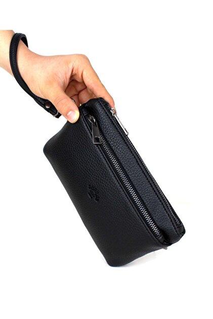 Men's Black Color Thin Portfolio Clutch Bag with Bracelet Belt