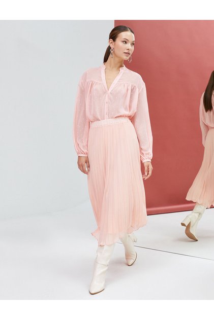 Chiffon Shirt with Mandarin Collar, Glitter Detailed Buttoned Long Sleeve