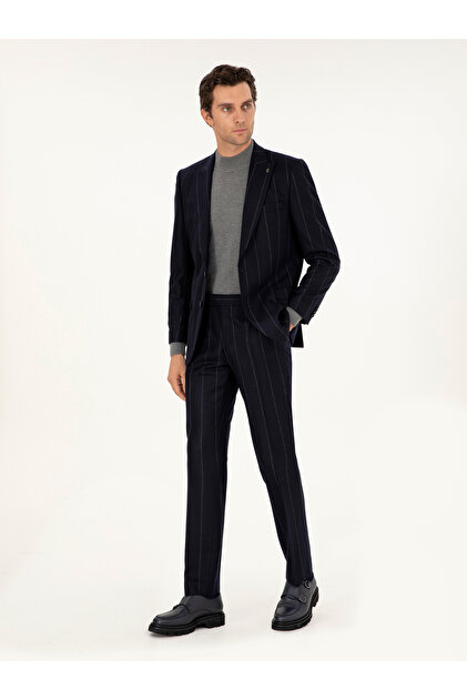 Koyu Lacivert Slim Fit Çizgili Yün Takım Elbise 50291061-VR100
