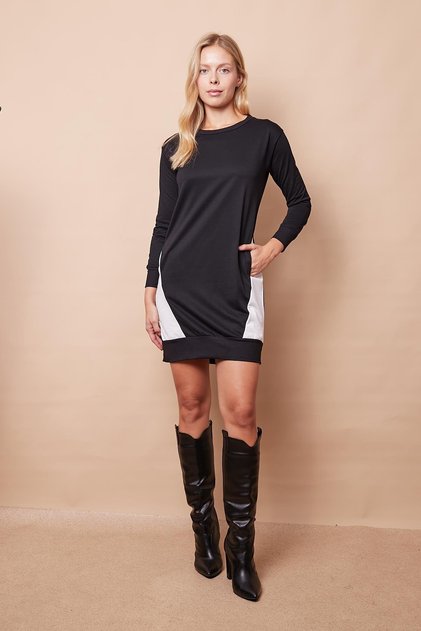 Women's Crew Neck Pocket Detailed Long Sleeve Sweat Dress -Black