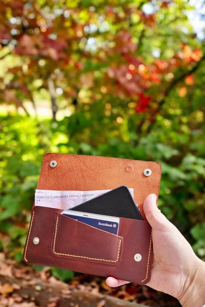 Genuine Leather Unisex Portfolio Wallet - Tan - Handmade