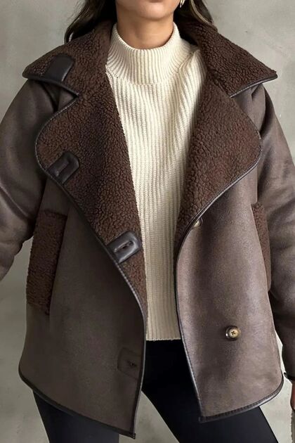 Women's Oversized Fur-Lined Leather Jacket Coat, Brown