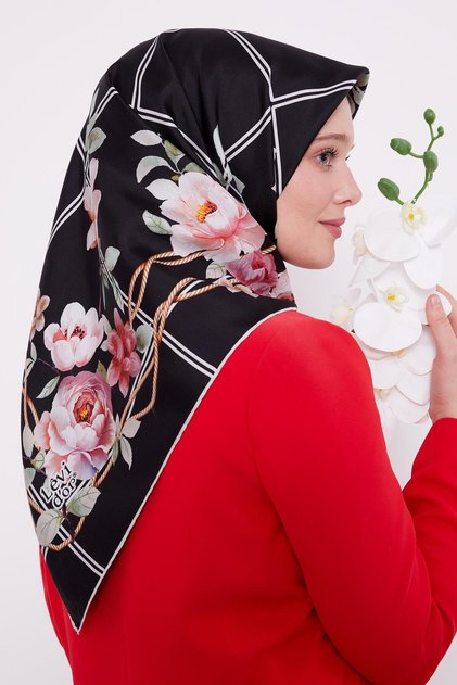 Black Ivy Flower Pattern Twill Silk Scarf