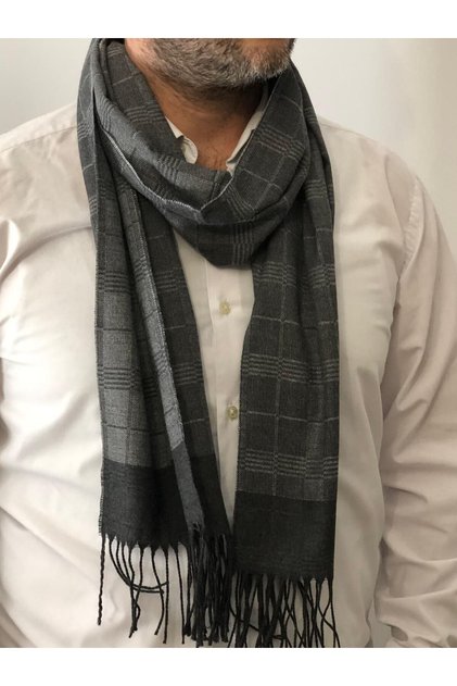 Men's Grey Tones Tasseled Striped Scarf - New Year's Christmas Gift