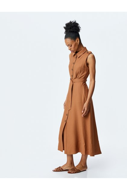 Buttoned Belt Detail Pocketed Sleeveless Viscose Midi Shirt Dress