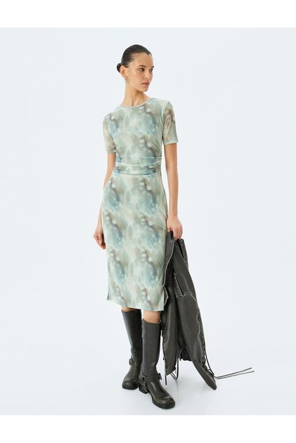 Abstract Print Draping Detail Short Sleeve Crew Neck Slim Midi Length Dress