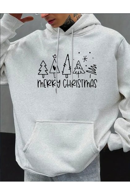 Noel Ağacı Baskılı Unisex Kapüşonlu Sweatshirt