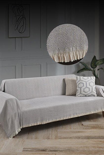 Fringed Sofa Cover 100% Cotton | Sofa Throw 180x300 Cm Gray