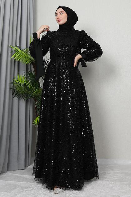tesettur evening dress Navy Blue Waist Detail Modest Evening Dress