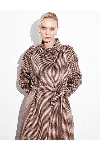 Kayra Premium Wool Stand Collar Belted Coat Chestnut- Trendyol