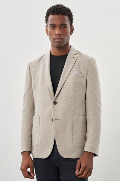 Beige Self Flannel Mono Collar Flexible 6 Drop Slim Fit Casual Jacket 1002245167
