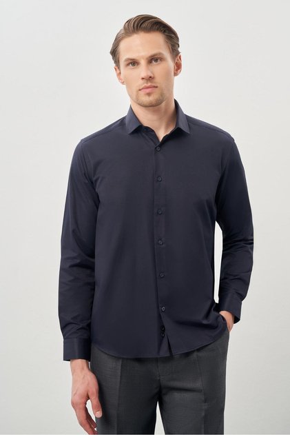 Navy Blue Long Sleeve Plain Half Italian Collar Pocketless Cotton Classic Slim Fit Shirt 1004245268