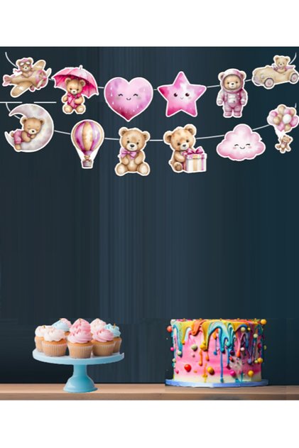 Pink Sweet Teddy Bear Girl Birthday Banner Pennant 12 Pieces Party Decoration Birthday Ornament Thick Cardboard Ipl