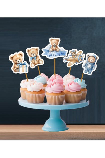 15Pcs Blue Sweet Teddy Bear Happy Birthday Cupcake Birthday Decoration Toothpicks 6-7cm Cupcake Toothpicks