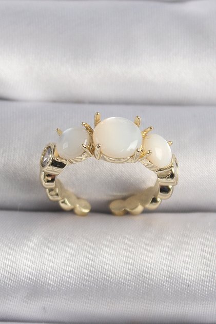 Brass Gold Color Zircon Stone Detailed White Pearlescent Vip Series Women's Ring Tj-Byk3504