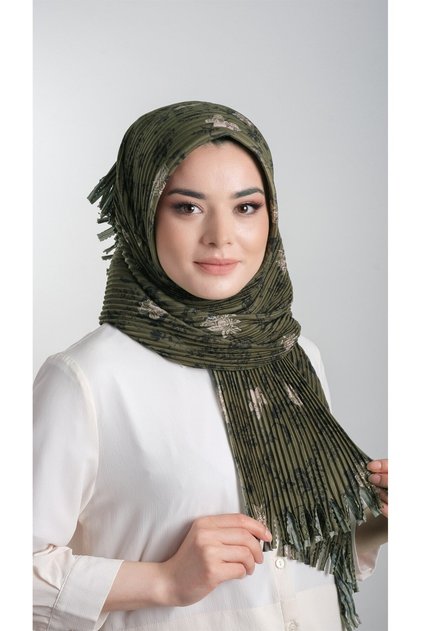 Khaki Practical Ready-made Interlocking Hijab Scarf Split Fiber Pleated Flower Patterned 1818d6_09