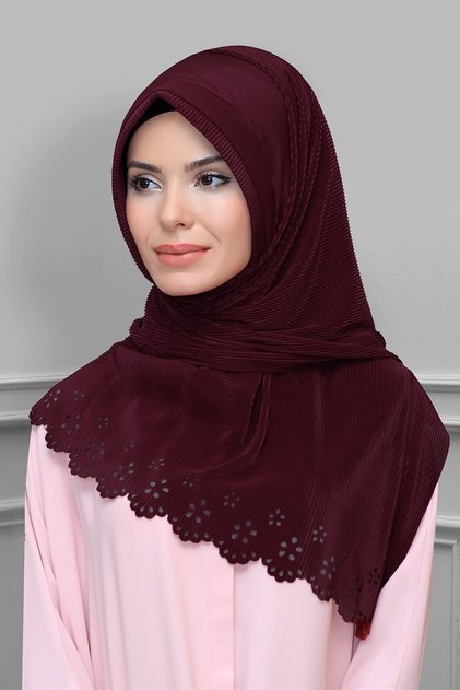 Claret Red Practical Ready-made Interlocking Hijab Scarf Fukuro Pleated Flower Patterned Laser Cut 1827_16