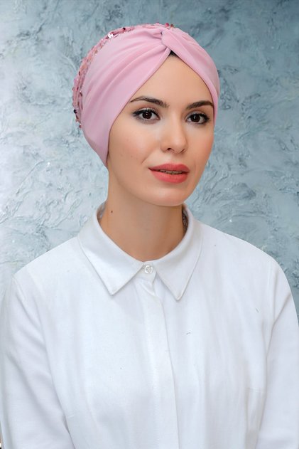 Powder Practical Ready-made Snap-on Hijab Bonnet Sandy Fabric Sequined Gathered 1906_06