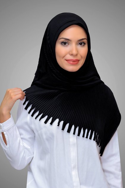 Black Practical Ready-made Interlace Hijab Scarf Staple Fiber Pleated Fringed Laser Cut 1818_01