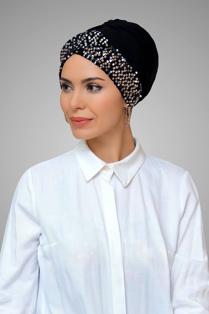 Black-silver Practical Ready-made Hijab Bonnet Sandy Fabric Sequined Single Cross 1907_101