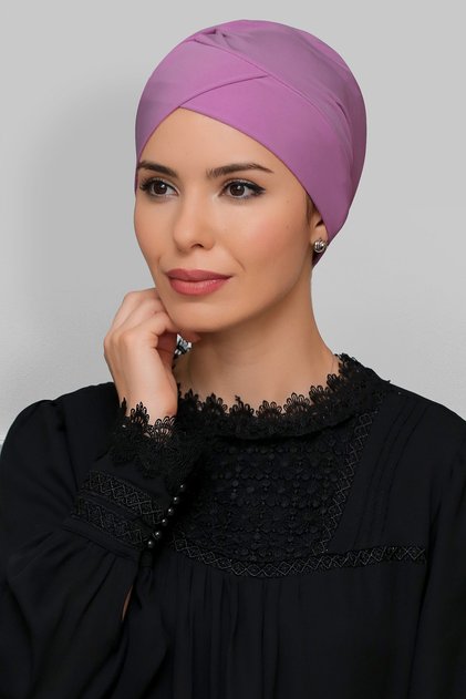 Dusty Rose Practical Ready-made Interlocking Hijab Bonnet Sandy Fabric Cross Gathered 1801_18