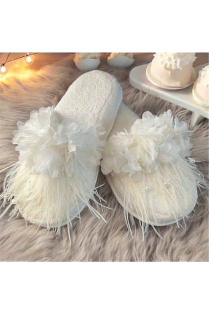 White Laser Floral Furry Maternity Slippers