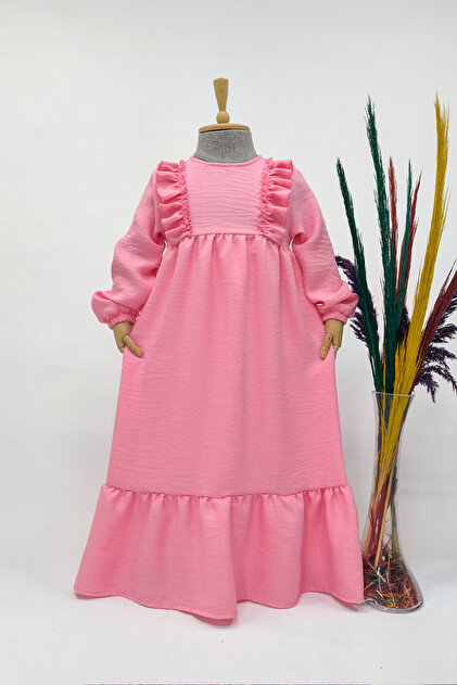 Betl Akbay Light Pink Girl's Linen Dress - Buse Model Long Hijab- Trendyol