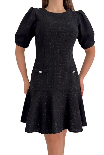 Tweed Fabric Women's Dress - Short Sleeve Midi Length with Pocket Detail 029