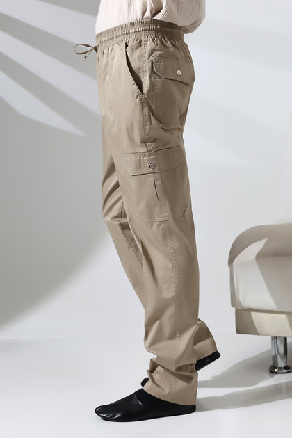 Men's Cargo Pants with Side Pockets and Elastic Waist for Hajj and Umrah, Beige