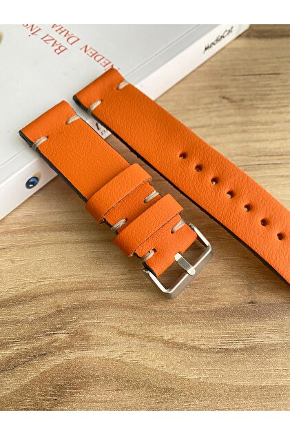 Prizma El Dikişi Turuncu Gerçek Deri Saat Kordonu. Hakiki Deri. 20