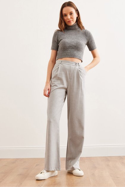 Women's Light Gray Waist Detailed Wide Leg Trousers with Pockets Pnt- 19000308