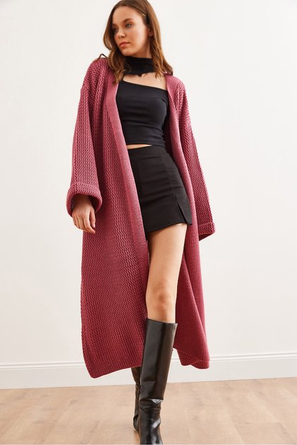Women's Dusty Rose Cuff Folded Maxi Knitwear Cardigan Hrk- 19000297
