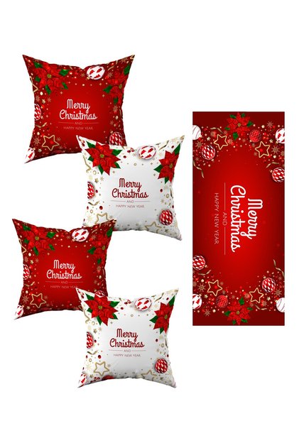 New Year's Themed Globe Pattern Red Colors Set of 4 Throw Pillow Covers and Runner
