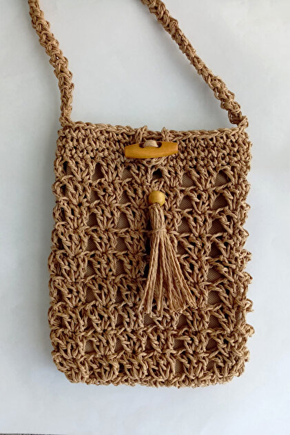 Straw Phone Bag / Straw Color Knitted Bag with Lining and Wooden Button Detail / Knitted Shoulder Bag