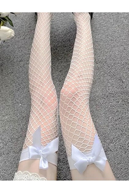 Beyaz Fantezi Seksi Fiyonklu File Jartiyer Çorabı