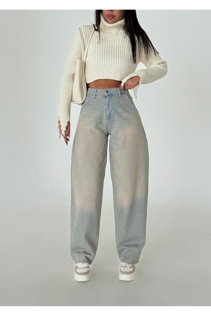 Pantaloni de damă, cu efect decolorat, vintage, largi, cu picioare largi