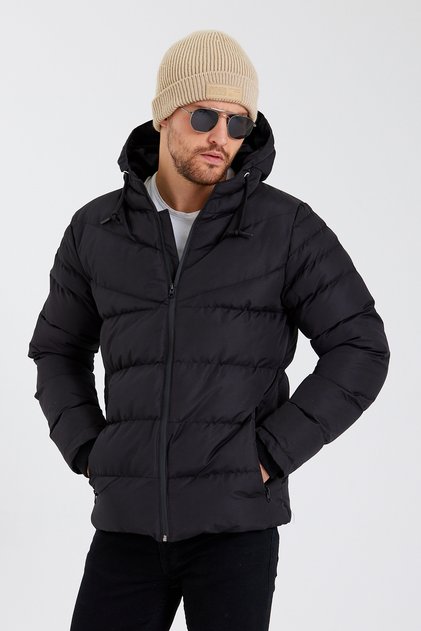 Men's Black New Season Cold Proof Pocket Detailed Removable Hooded Puffer Coat