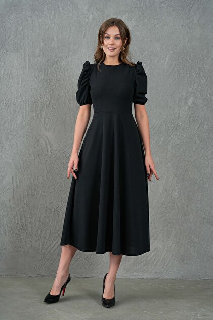 bayansepeti Stretchy Fabric Balloon Sleeve Round Neck Midi Length Flared  Cut Black Evening Dress Homecoming Dress 092- Trendyol