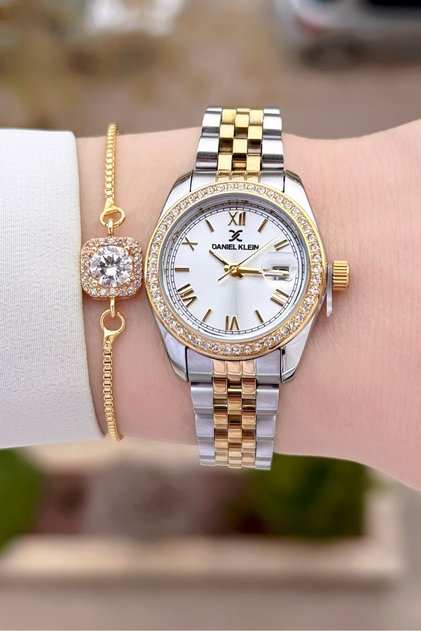 Sarı Beyaz Renk 24 Ay Garantili 28 mm Kristal Cam Kadın Kol Saati ve Bileklik