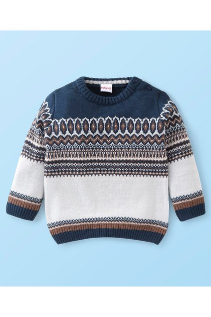 Babyhug Full Sleeves Intarsia Design Sweater - Grey & Navy Blue
