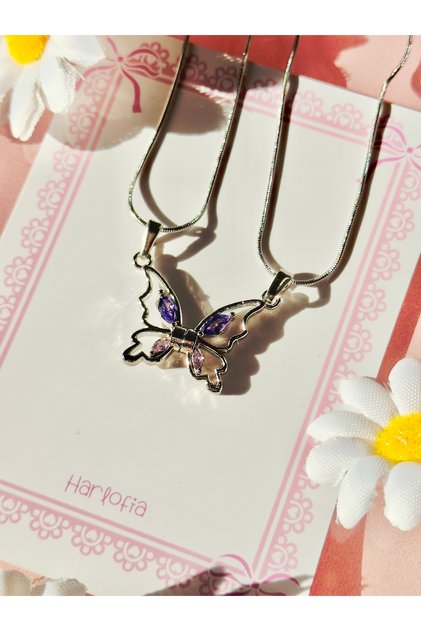 Magnetic Butterfly Dating Set of 2 Necklace with Steel Chain