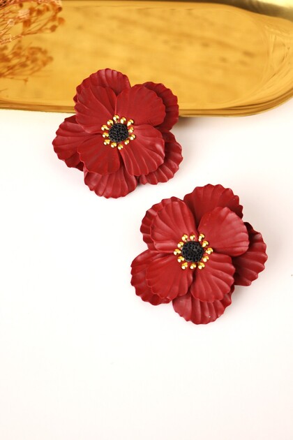 Polymer Clay Red Gold Detail Large Flower Rose Poppy Earrings New Year Flower