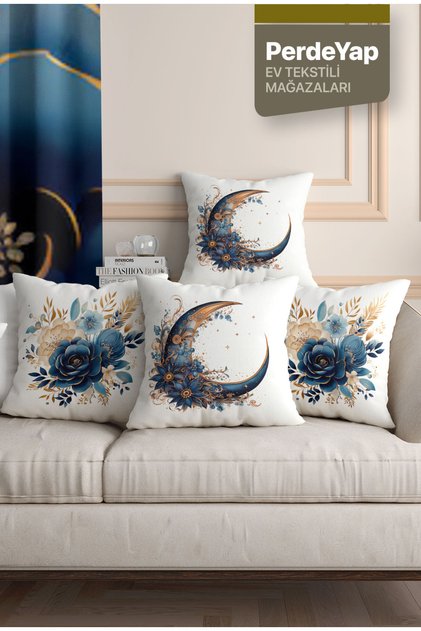 Blue Flower and Crescent Patterned 4-Piece Digital Printed Decorative Throw Pillow Cover 43 X 43 cm Petrol Blue